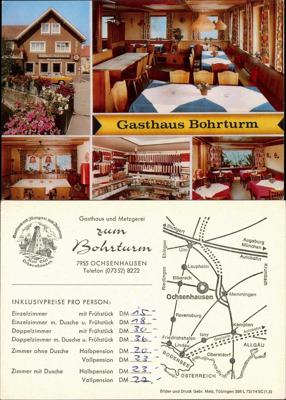 OCHSENHAUSEN WERBUNG REKLAME-KARTE Gasthaus Metzgerei Zum Bohrturm 1970