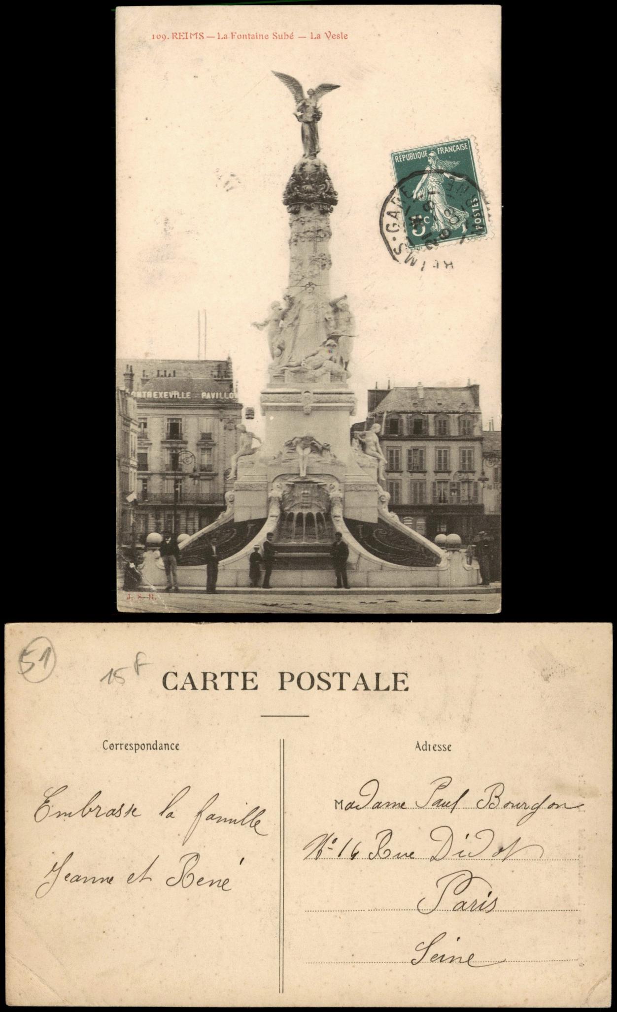 CPA Reims Reims Monument, La Fontaine Subé – La Vesle 1910