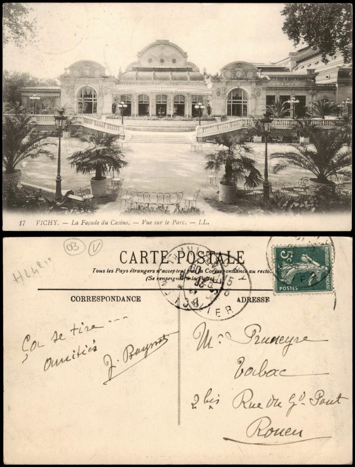 CPA Vichy Facade du Casino Vue sur le Parc 1909
